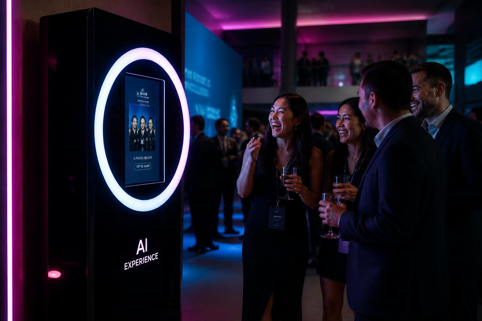 Guests laughing in front of an AIBoothCo AI photo booth at a corporate event